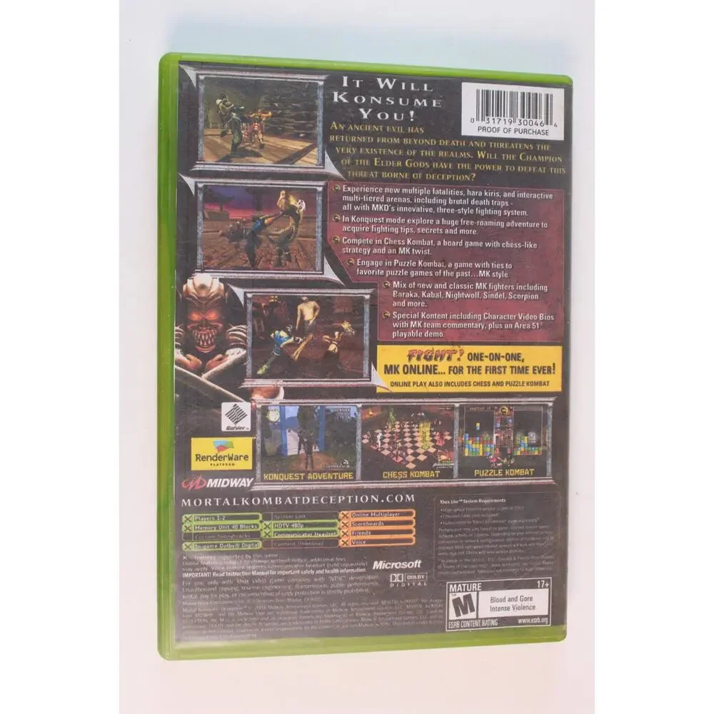 Mortal Kombat: Deception (Microsoft Xbox, 2004) W/ Manual, Tested/Works